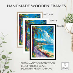Handmade wooden frames for Nice Print - France, featuring natural, white, and black options with a clear perspex glaze.