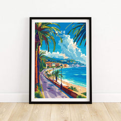 Nice Print - France stunning travel poster depicting the French Riviera with vibrant colors and seaside scenery.