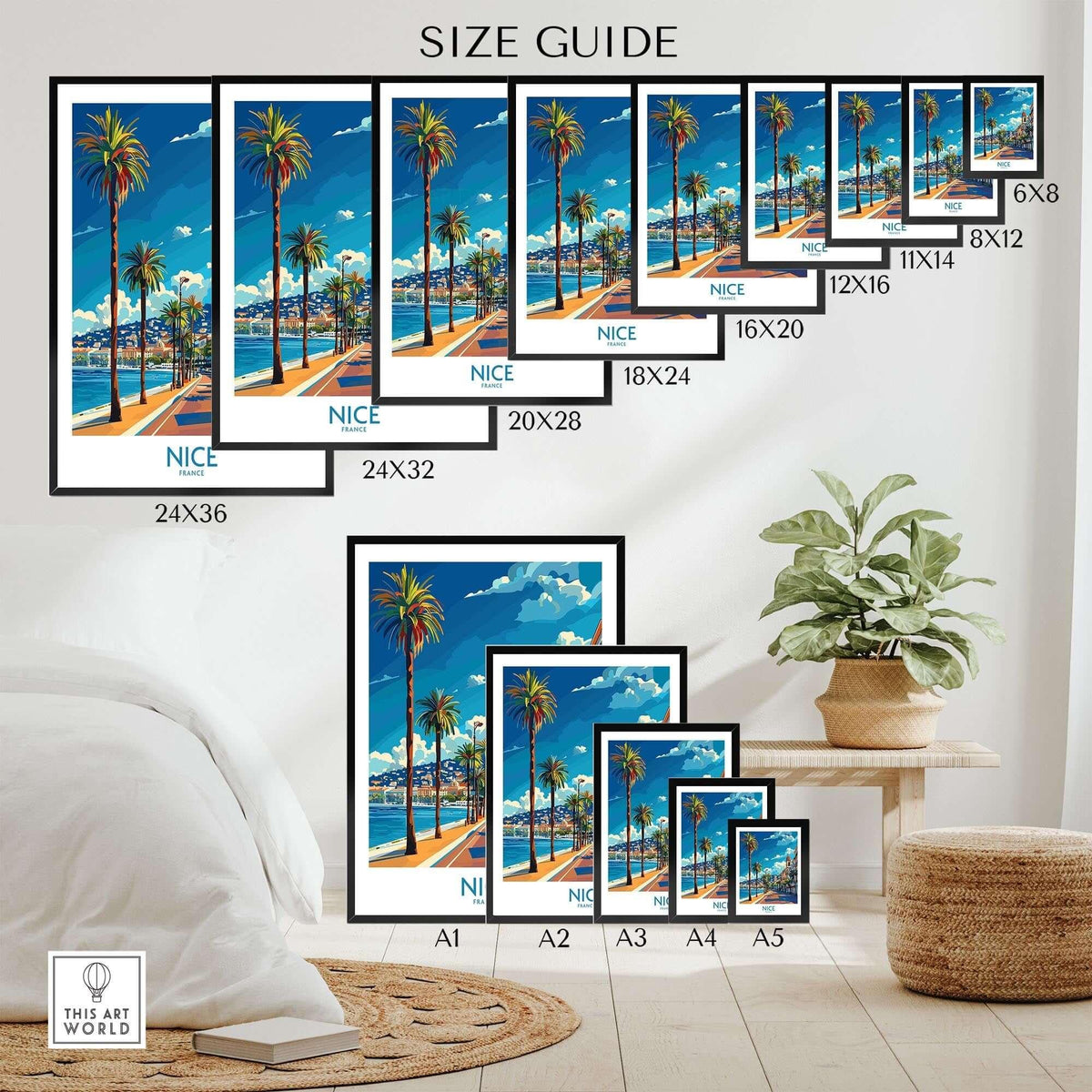 Nice Travel Poster - France Size Guide for Different Prints and Framing Options in a Stylish Living Room Setting.