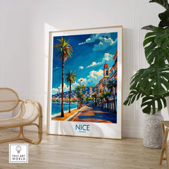 Nice Travel Poster - France showcasing a vibrant scene of Nice with palm trees and street views.