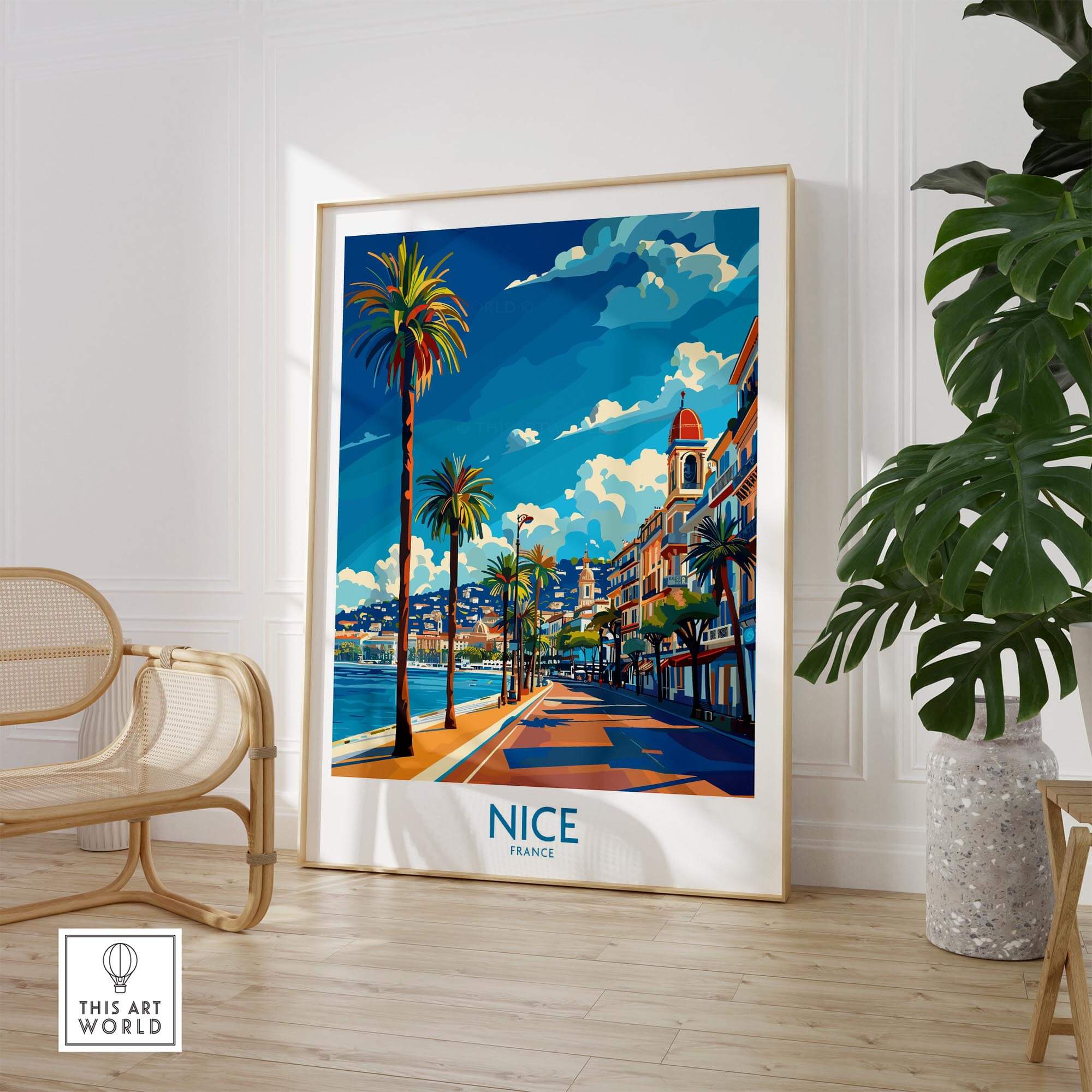 Nice Travel Poster - France showcasing a vibrant scene of Nice with palm trees and street views.