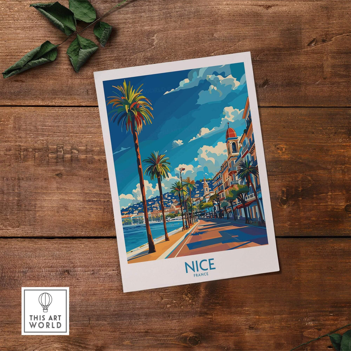 Nice Travel Poster - France featuring a vibrant coastal view with palm trees and buildings.