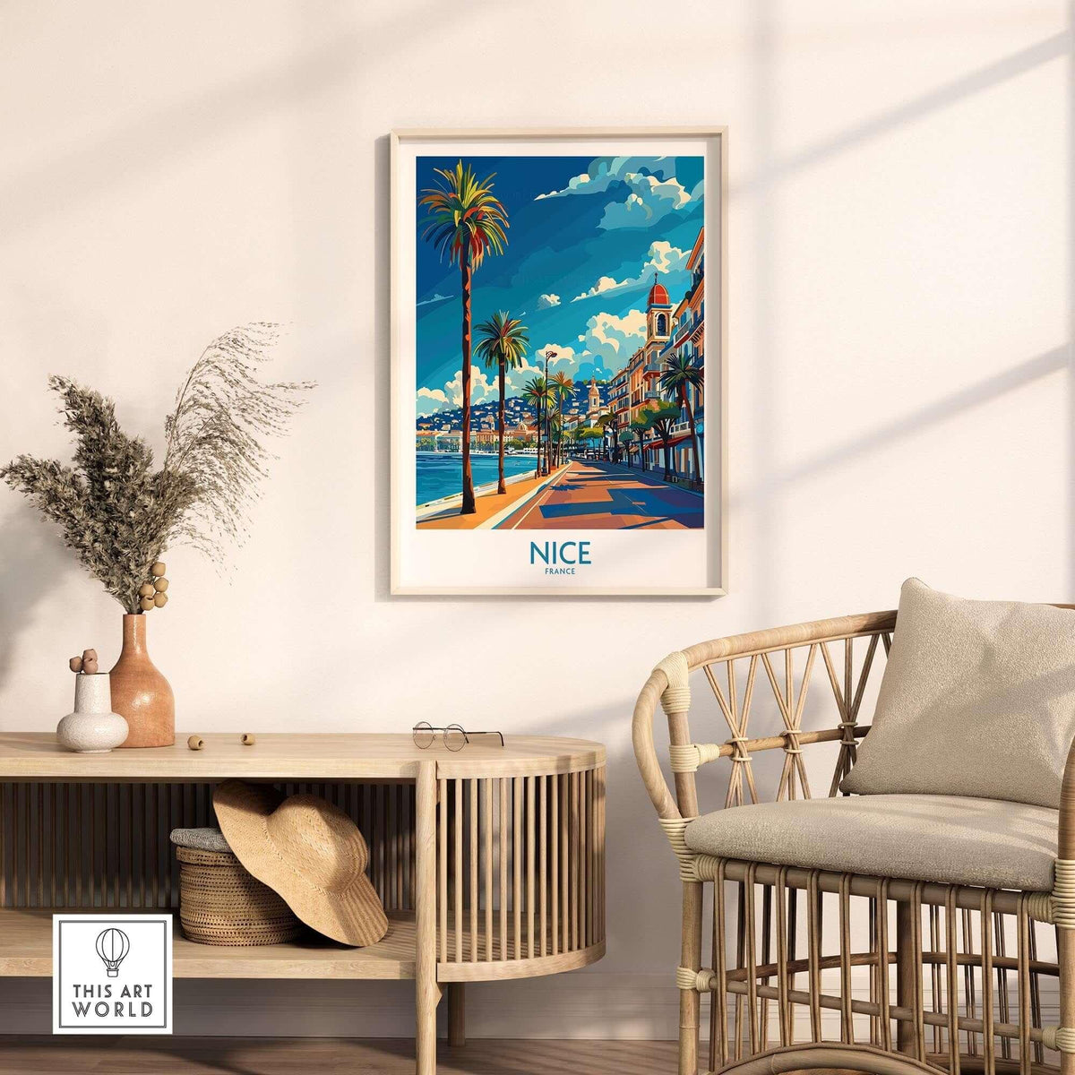 Nice Travel Poster - France showcasing a vibrant coastal street scene in Nice, France.