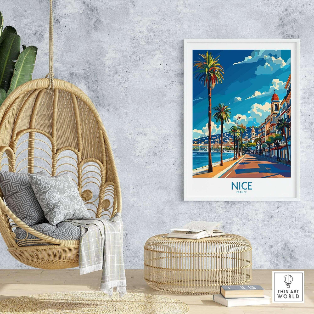 Nice Travel Poster - France featuring vibrant scenes of Nice's coastline and palm trees, perfect for travel lovers.