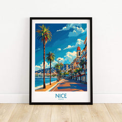 Nice Travel Poster - France featuring a colorful coastal scene with palm trees and vibrant architecture.