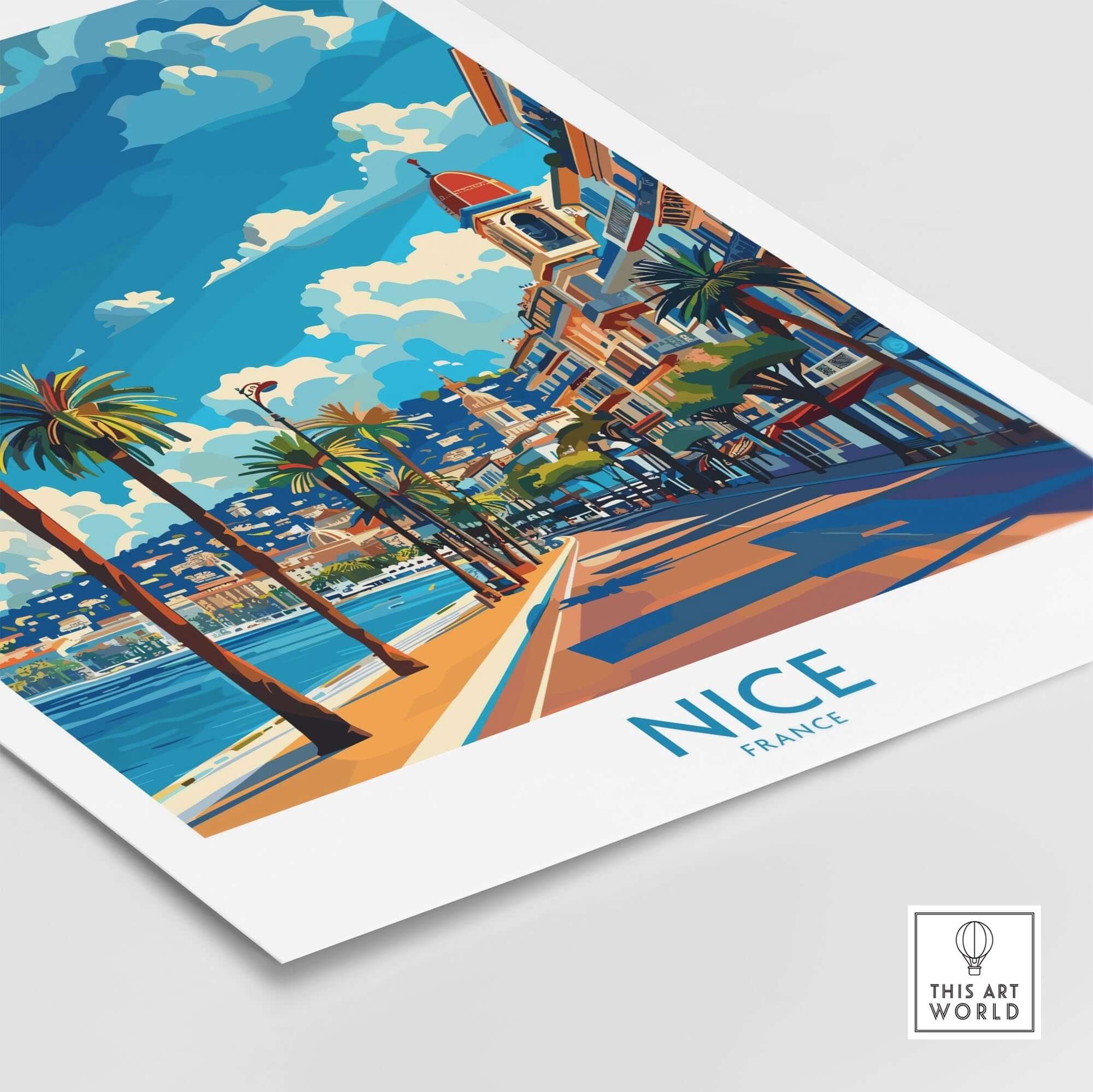 Nice Travel Poster - France featuring a vibrant coastal scene with palm trees and stunning architecture in Nice.