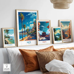 Nice Travel Poster - France showcased among other travel posters on a stylish home decor setup.