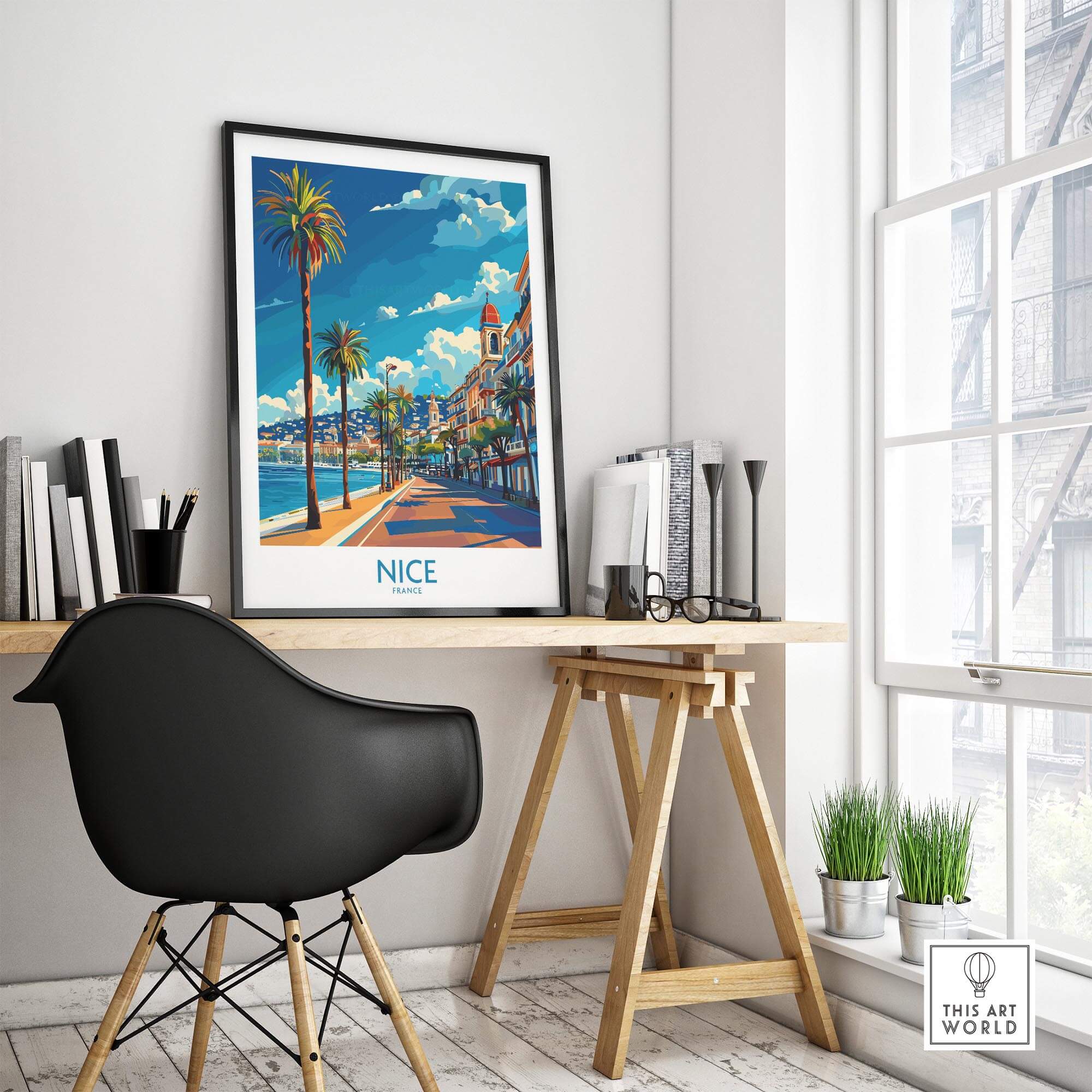 Nice Travel Poster - France displayed in an elegant workspace showcasing the Côte d'Azur landscape.
