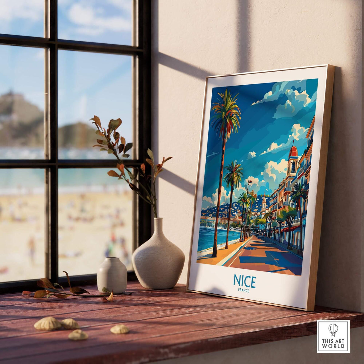 Nice Travel Poster - France featuring a vibrant coastal scene from Nice, ideal for travel and decor enthusiasts.