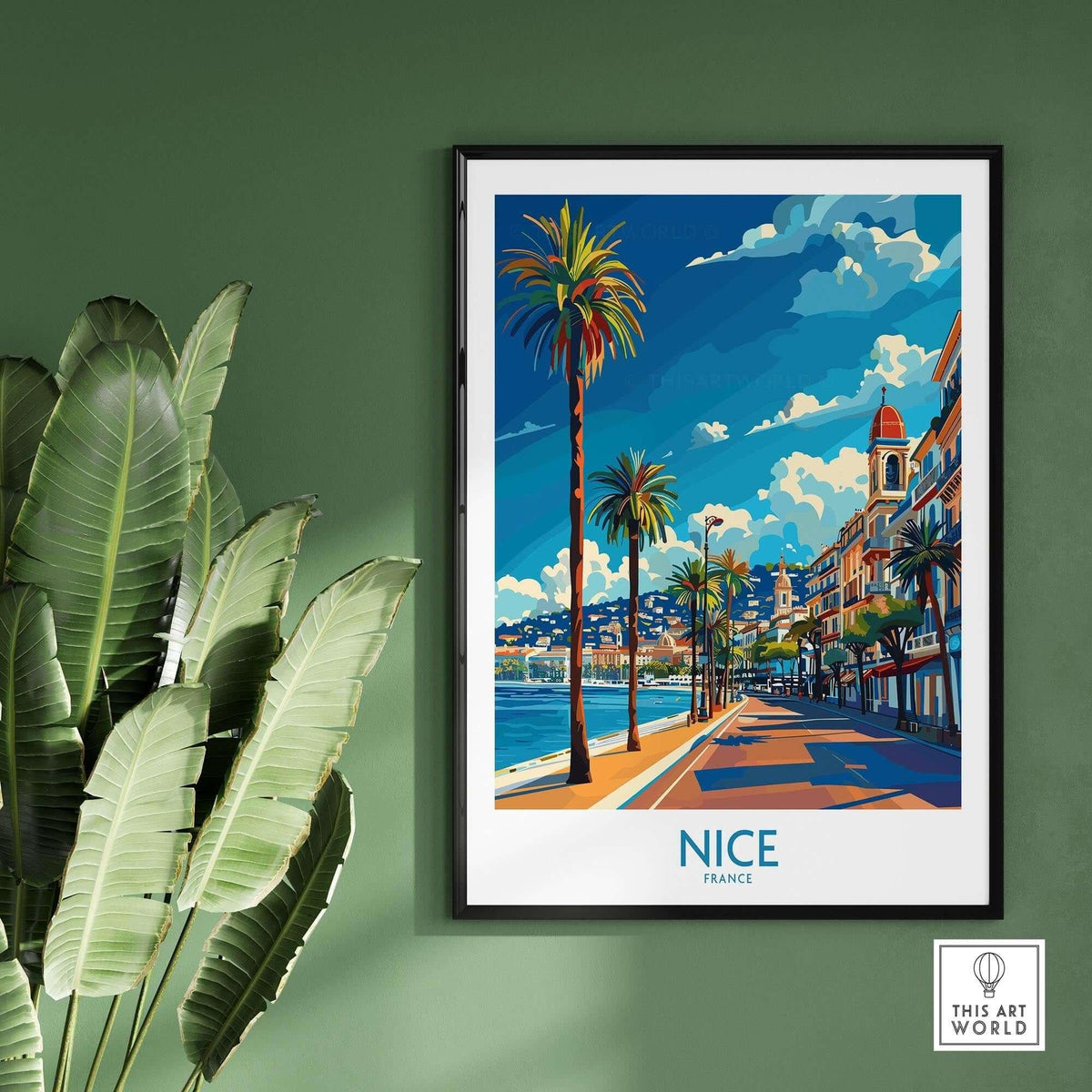 Nice Travel Poster - France featuring a vibrant coastal scene with palm trees and the French landscape.