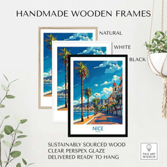 Nice Travel Poster - France displayed in handmade wooden frames in natural, white, and black options.