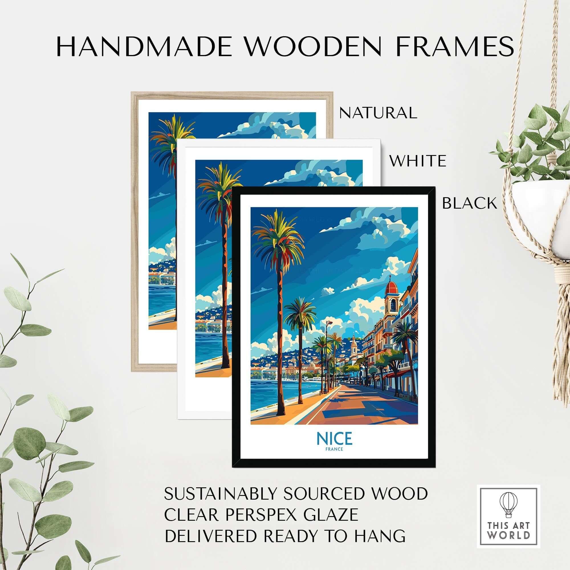 Nice Travel Poster - France displayed in handmade wooden frames in natural, white, and black options.