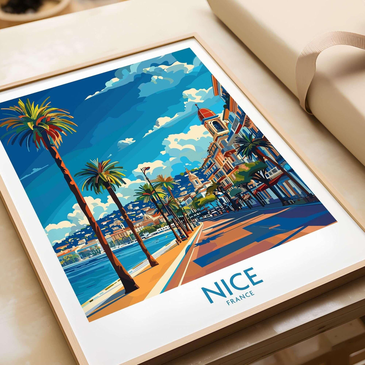 Nice Travel Poster - France showcasing vibrant colors of palm trees and French architecture.