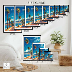 Nice Travel Print - France size guide with different frame dimensions and palm trees in a beautiful room setting.