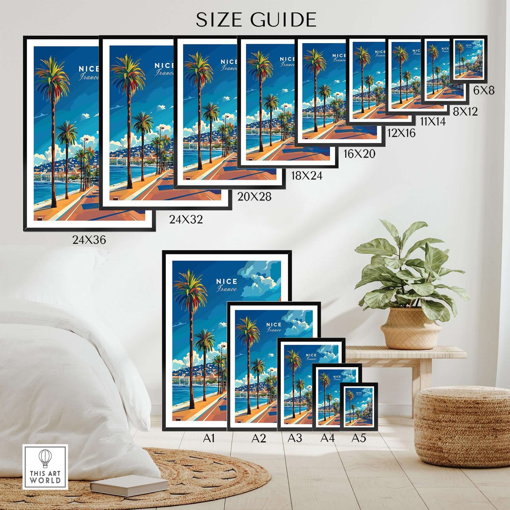Nice Travel Print - France size guide with different frame dimensions and palm trees in a beautiful room setting.