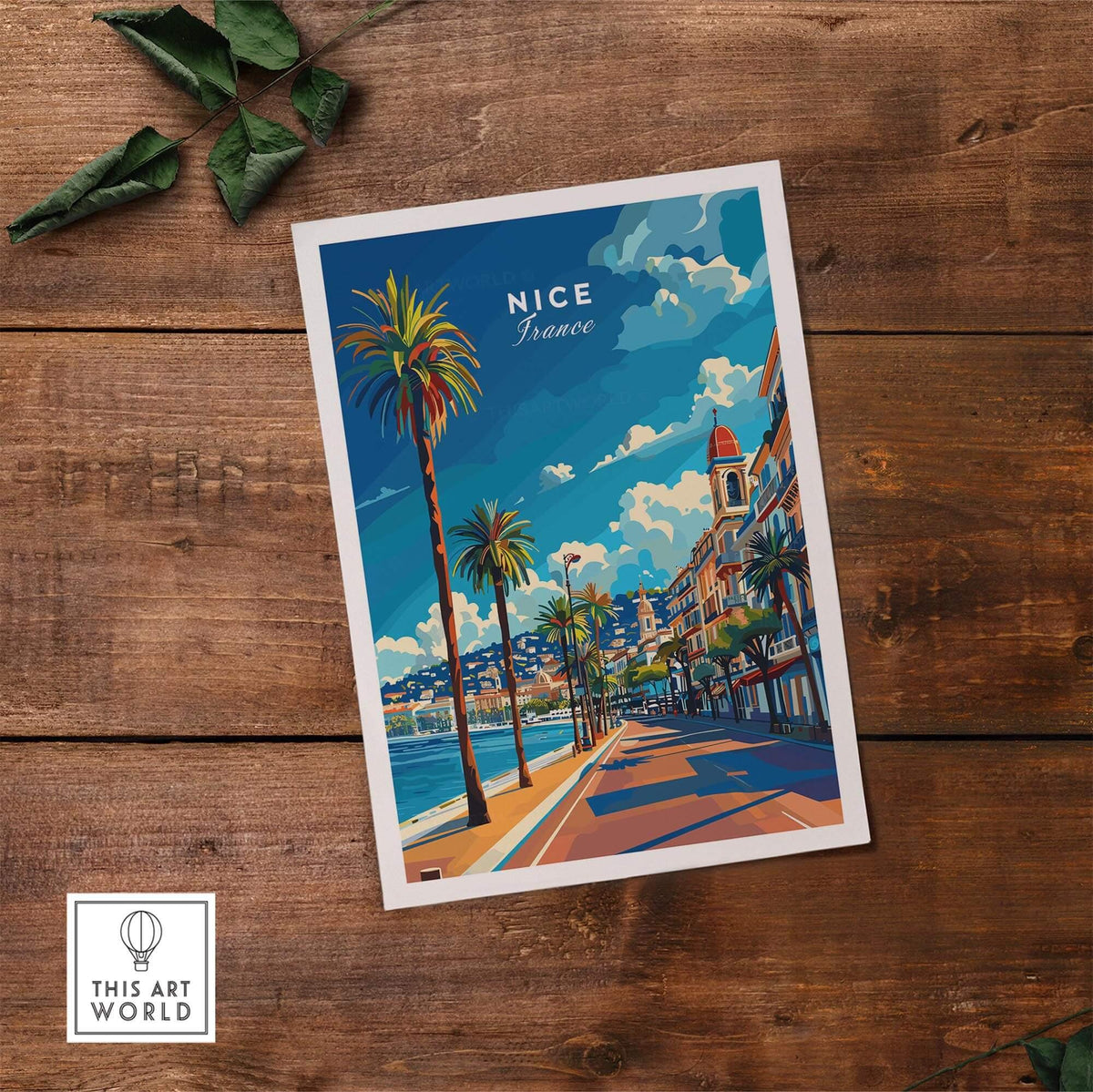 Nice Travel Print - France featuring the Promenade des Anglais with palm trees and vibrant skies.