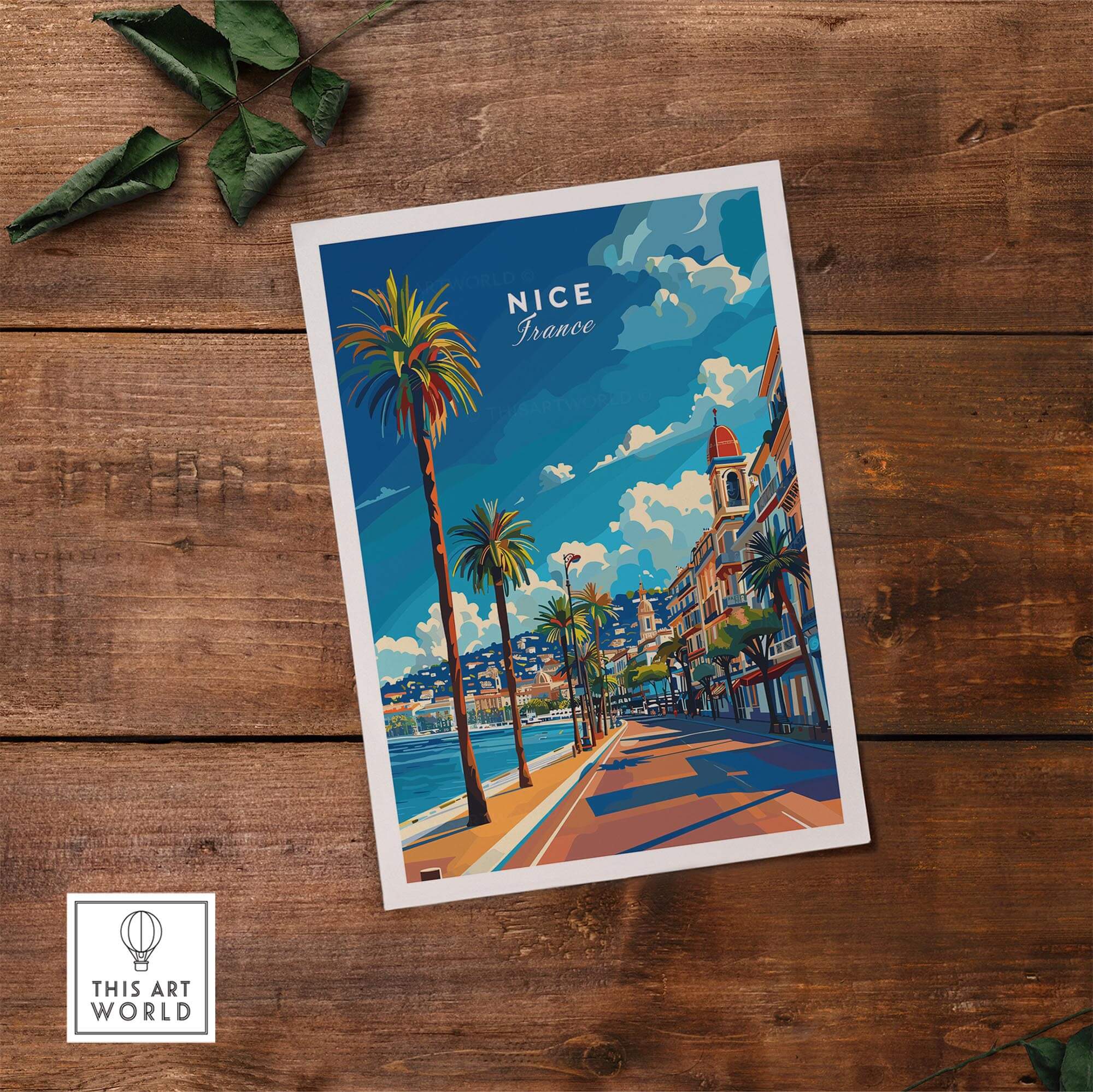 Nice Travel Print - France featuring the Promenade des Anglais with palm trees and vibrant skies.