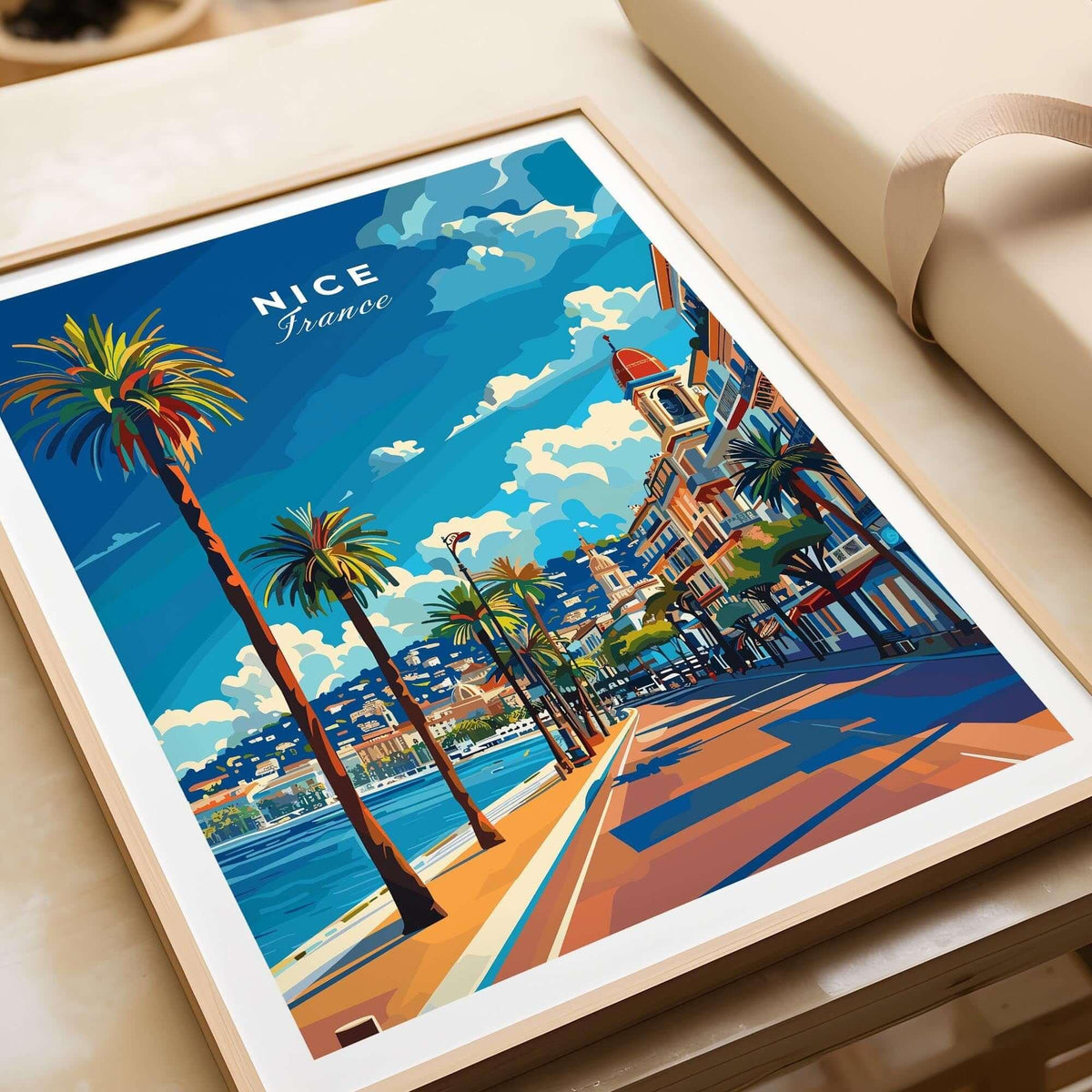 Nice Travel Print - France featuring the Promenade des Anglais with palm trees and vibrant colors