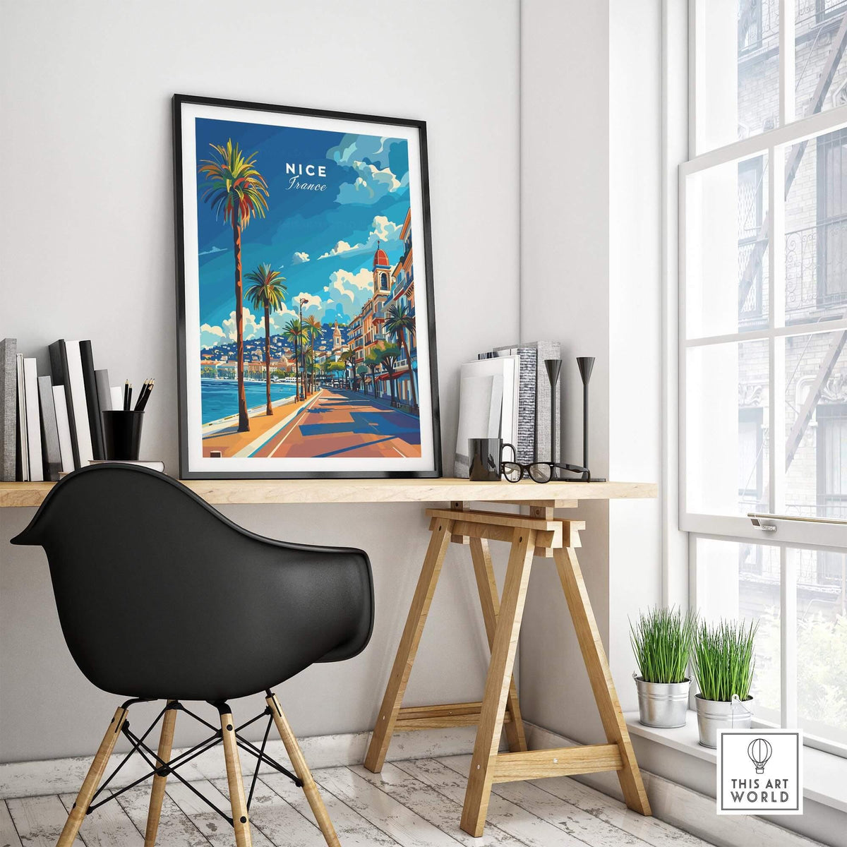 Nice Travel Print - France displayed in a stylish interior with modern decor, showcasing the beauty of Côte d'Azur.