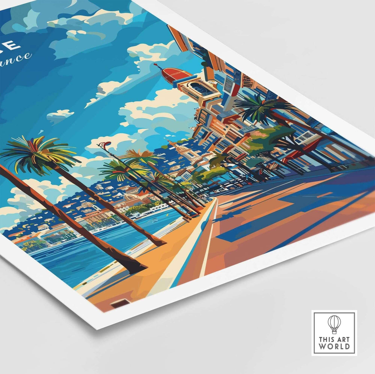 Nice Travel Print - France featuring the Promenade des Anglais with palm trees and vibrant colors, perfect wall art.