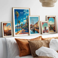 Nice Travel Print - France displayed among other travel prints on a stylish interior decor arrangement.