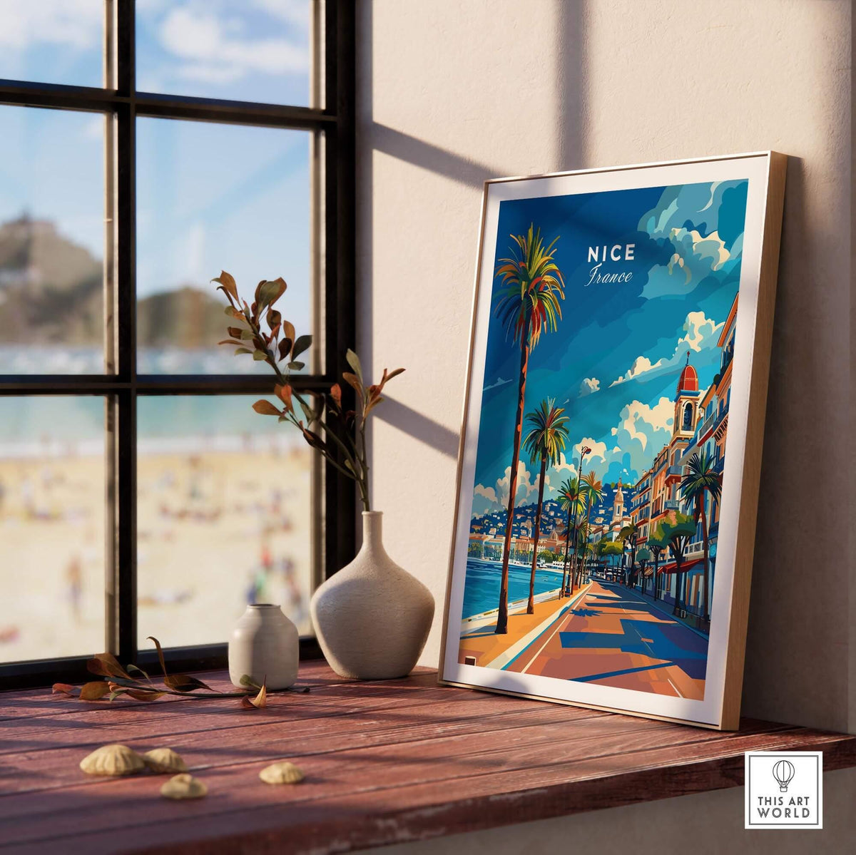 Nice Travel Print - France displayed in a bright room, showcasing the beautiful Côte d'Azur and Promenade des Anglais.