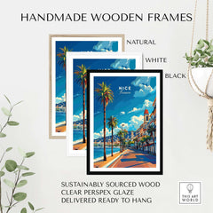 Nice Travel Print - France displayed in handmade wooden frames, featuring natural, white, and black colors.