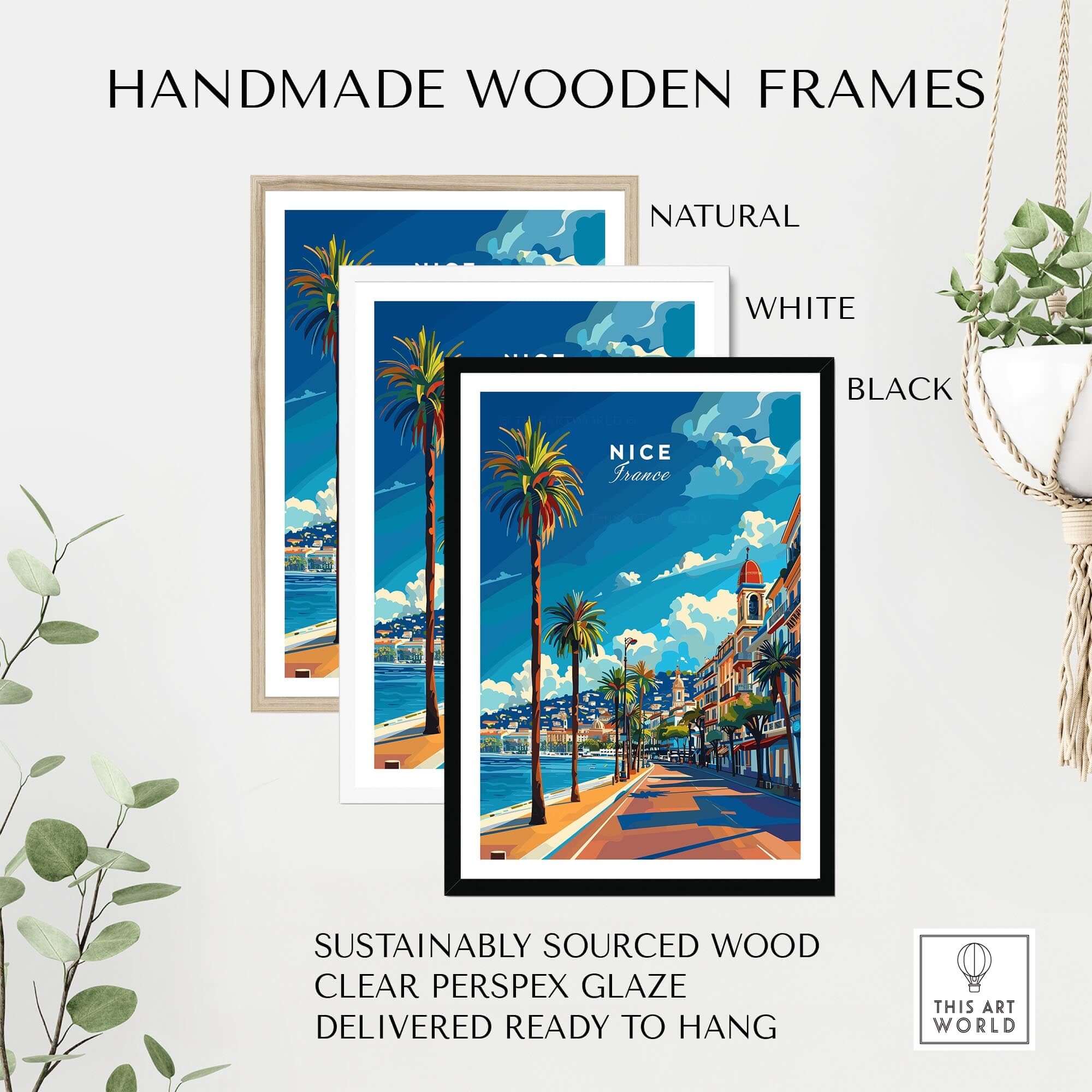 Nice Travel Print - France displayed in handmade wooden frames, featuring natural, white, and black colors.