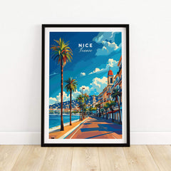 Nice Travel Print - France featuring the Promenade des Anglais with palm trees and vibrant colors.