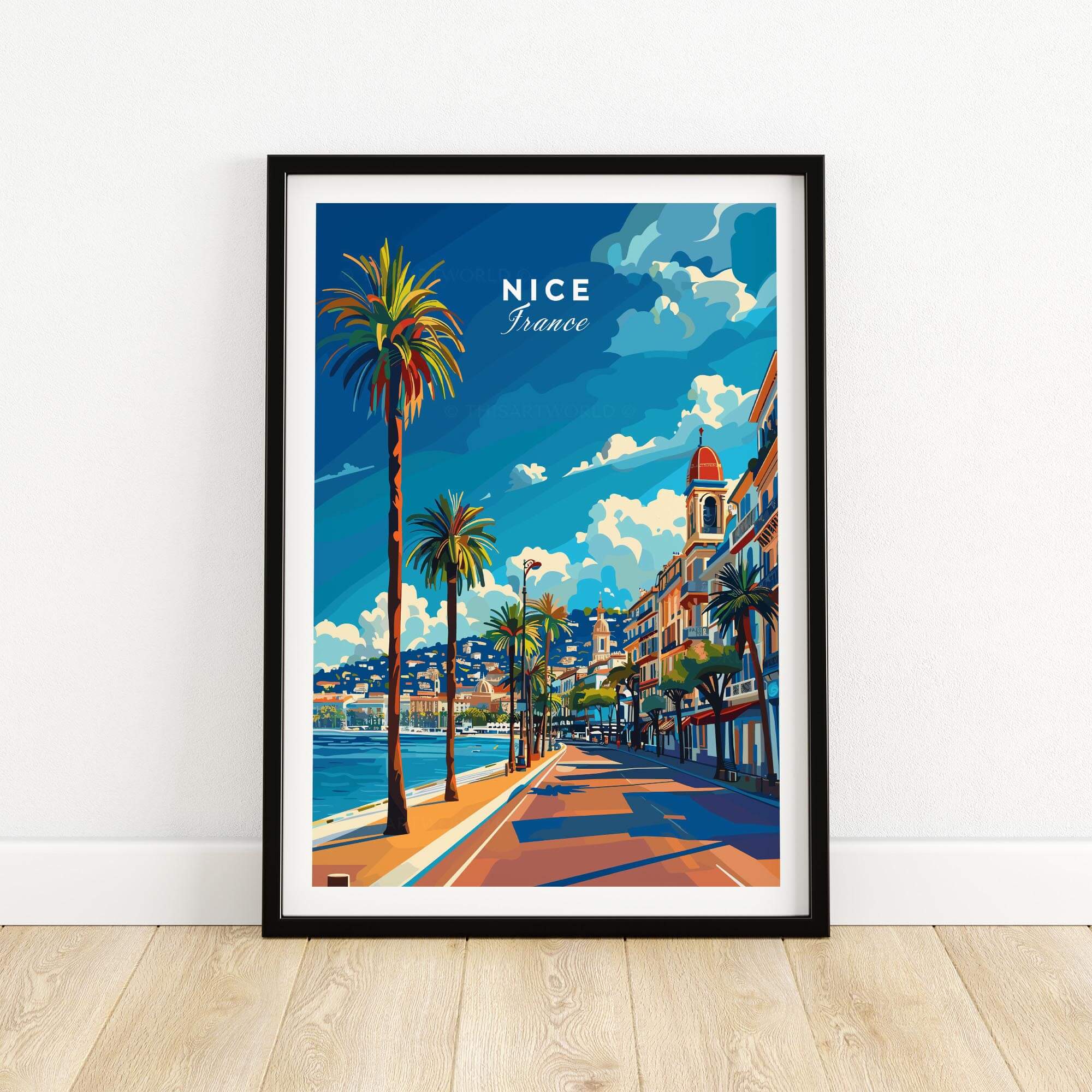Nice Travel Print - France featuring the Promenade des Anglais with palm trees and vibrant colors.