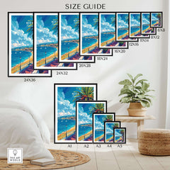 Size guide for Nice Wall Art - French Riviera showcasing various frame sizes and coastal designs.