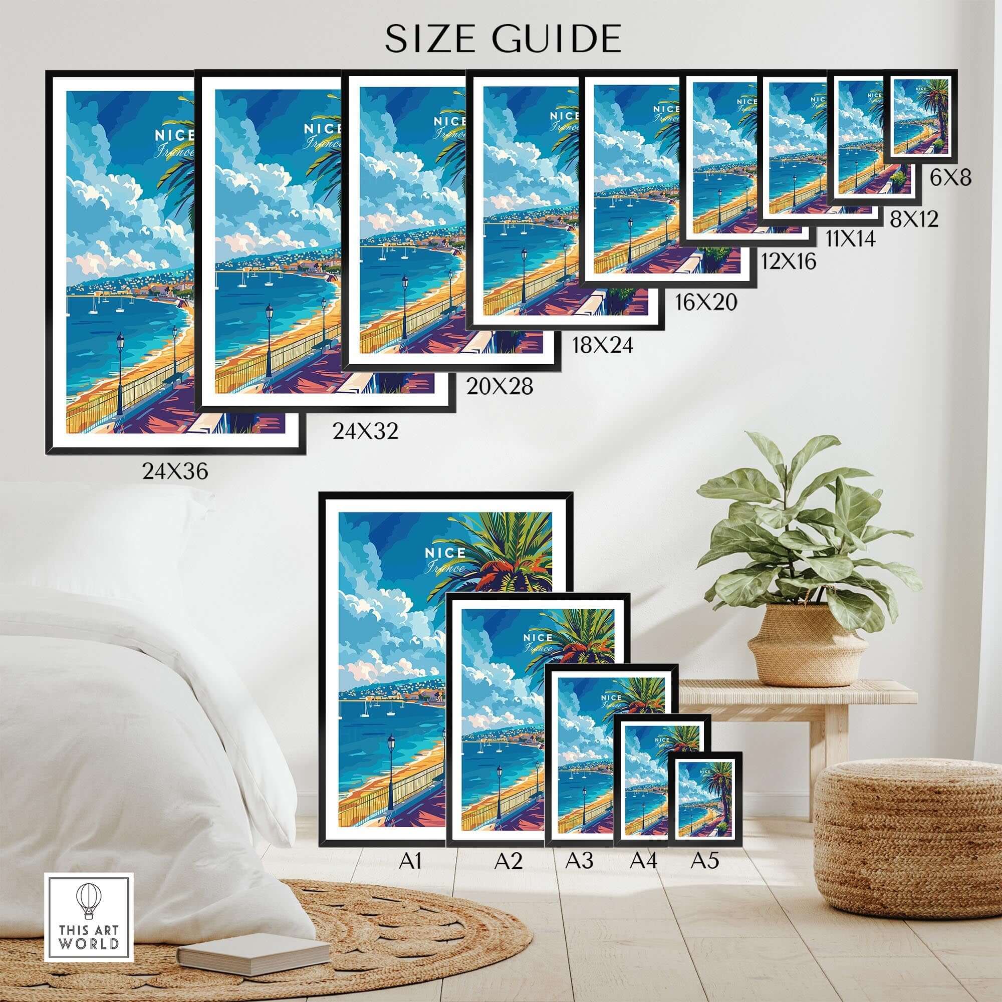 Size guide for Nice Wall Art - French Riviera showcasing various frame sizes and coastal designs.