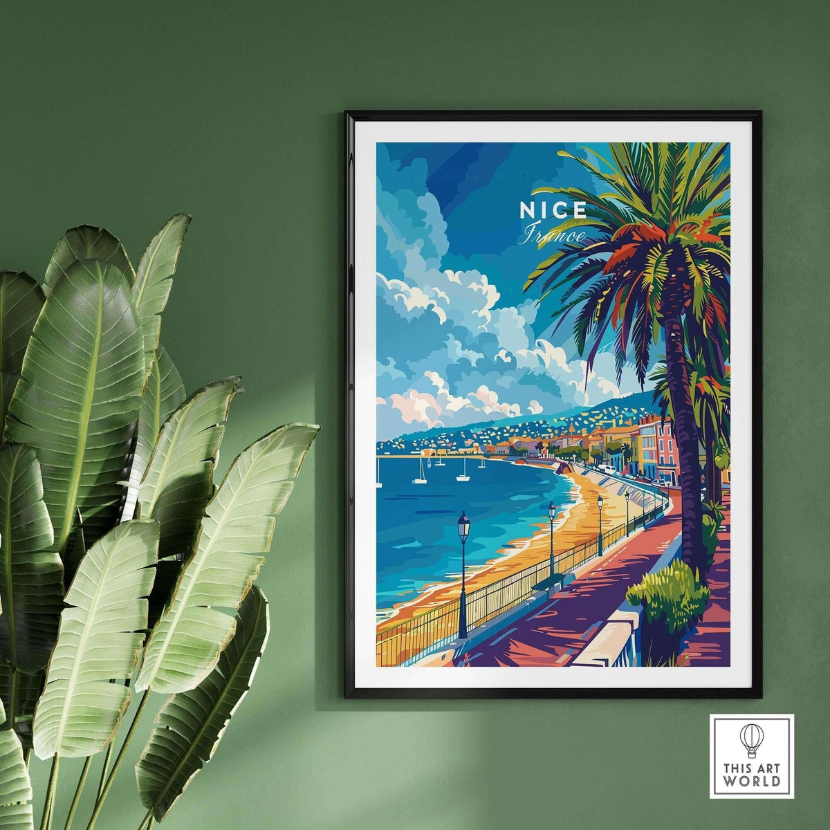 Nice Wall Art - French Riviera travel poster featuring a vibrant beach scene in Nice, France.