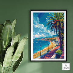 Nice Wall Art - French Riviera travel poster featuring a vibrant beach scene in Nice, France.