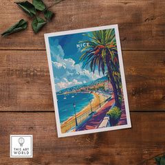 Nice Wall Art - French Riviera travel poster showcasing the scenic coastline and palm trees of Nice, France.