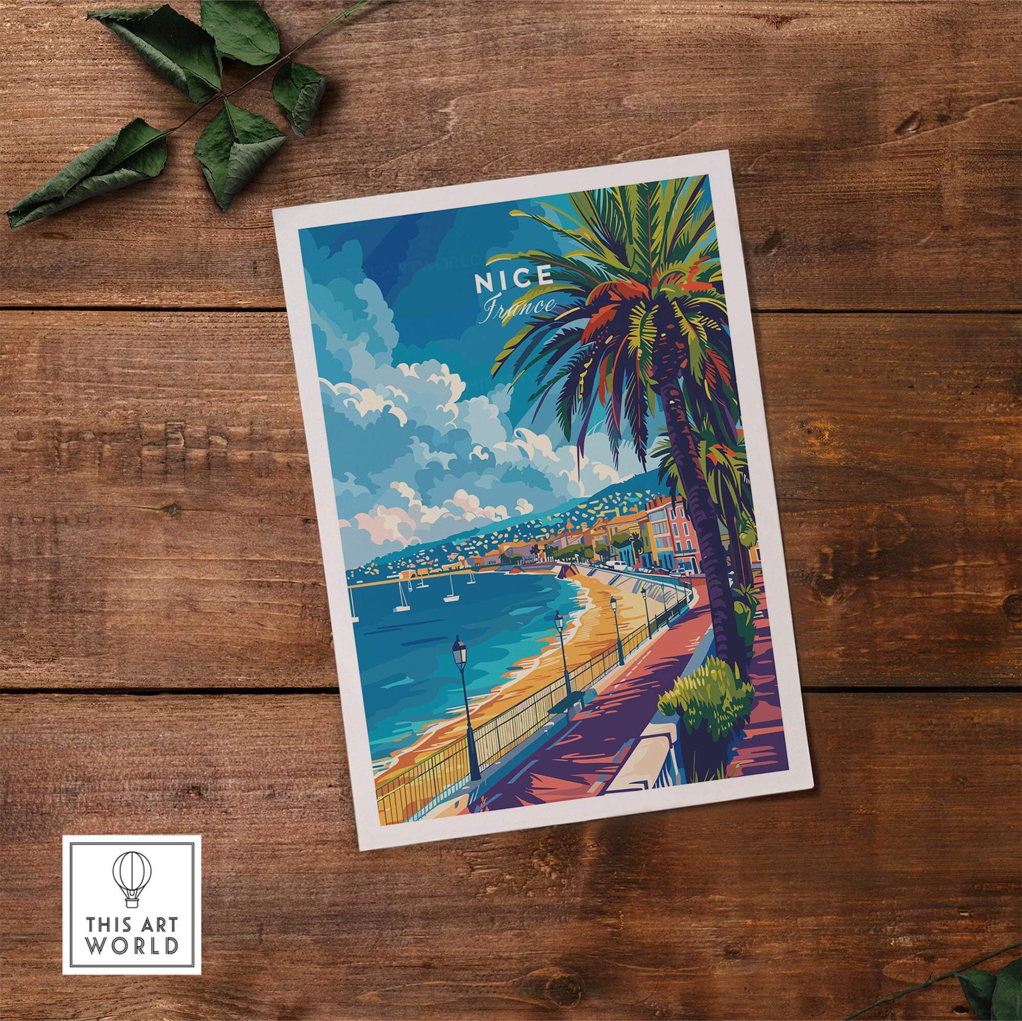 Nice Wall Art - French Riviera travel poster showcasing the scenic coastline and palm trees of Nice, France.