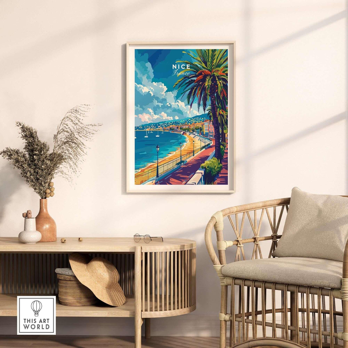 Nice Wall Art - French Riviera travel poster featuring a vibrant beach scene with palm trees and a sunny sky.