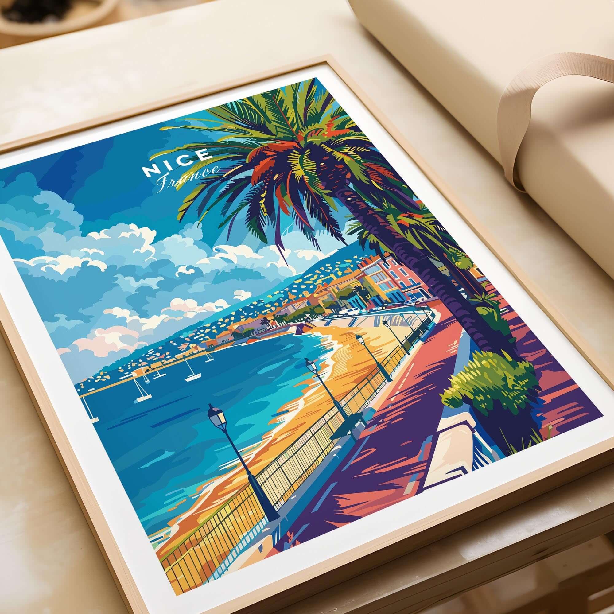 Nice Wall Art - French Riviera showcasing a colorful scene of the beach and palm trees in Nice.