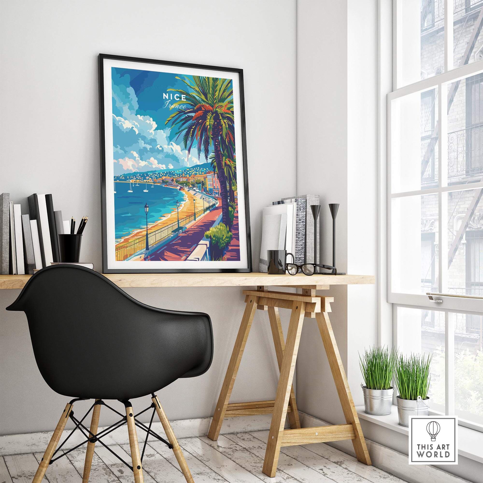 Nice Wall Art - French Riviera showcased in a stylish home office with a desk and chair.