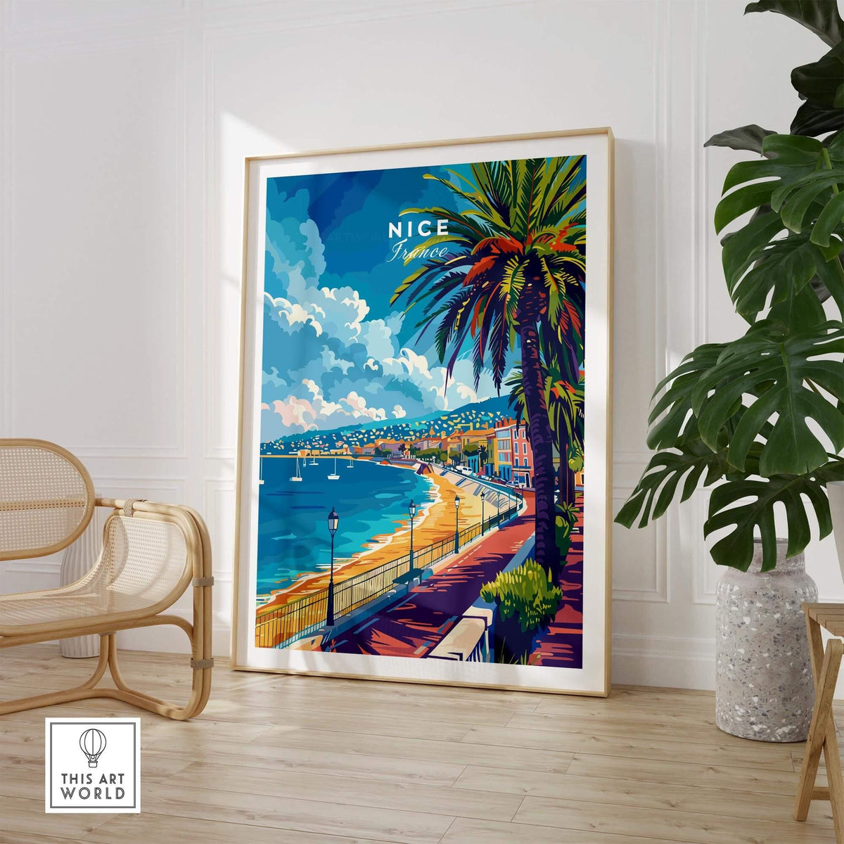 Nice Wall Art - French Riviera featuring a vibrant coastal scene with palm trees and a beautiful beach in Nice.