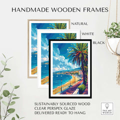 Handmade wooden frames in natural, white, and black for Nice Wall Art - French Riviera. Sustainably sourced wood.