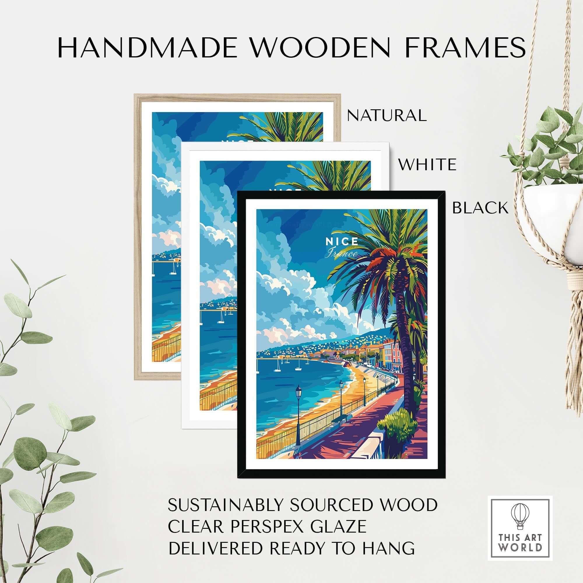Handmade wooden frames in natural, white, and black for Nice Wall Art - French Riviera. Sustainably sourced wood.