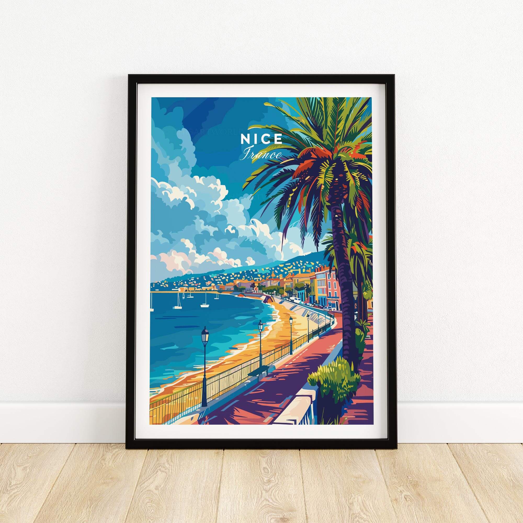 Nice Wall Art - French Riviera featuring a vibrant scene of the beach and palm trees in Nice.