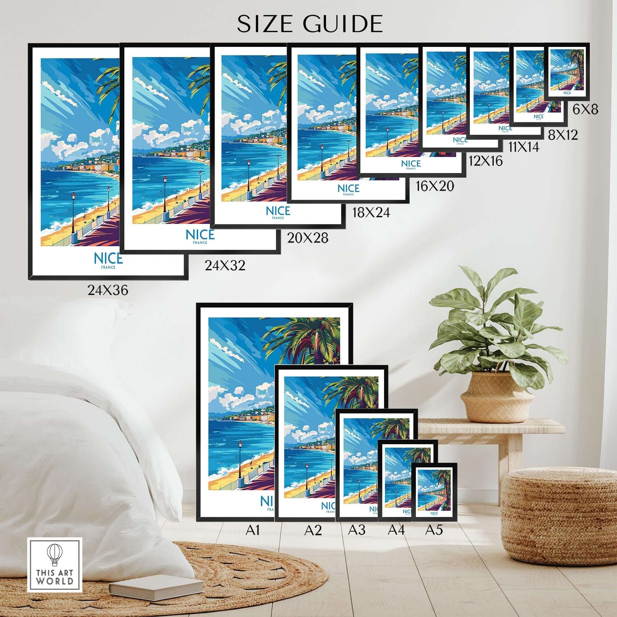Nice Wall Art Poster - France size guide featuring various dimensions for wall art in a stylish home setting.