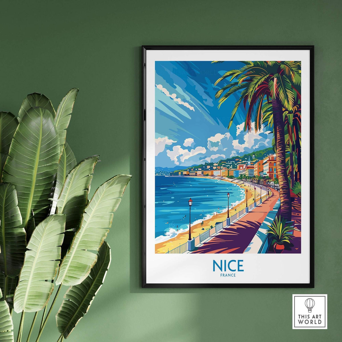 Nice Wall Art Poster - France featuring a scenic view of Nice with palm trees and the coastline.