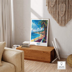 Nice Wall Art Poster - France displayed in a stylish home setting, showcasing beautiful scenery of Nice, France.