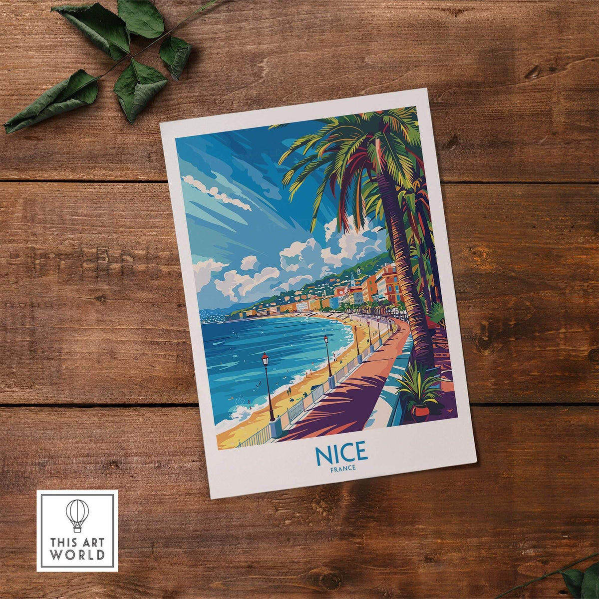 Nice Wall Art Poster - France depicting a scenic view of Nice with palm trees and the coastline.