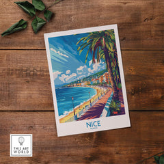 Nice Wall Art Poster - France depicting a scenic view of Nice with palm trees and the coastline.