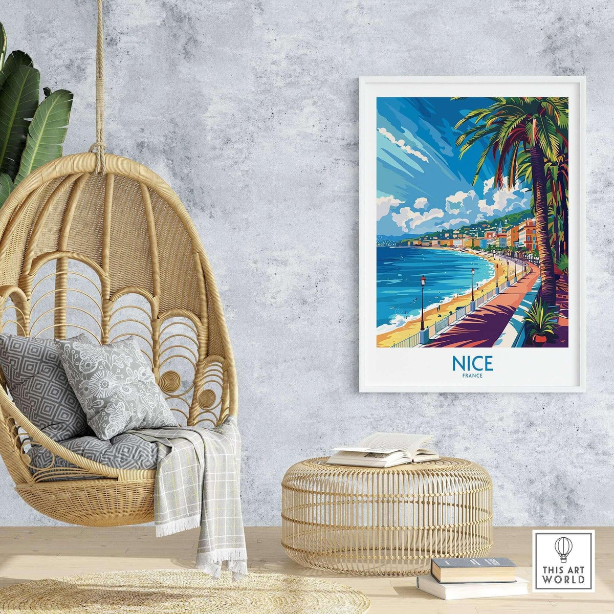 Nice Wall Art Poster - France displayed in stylish home decor featuring a beach scene and palm trees.