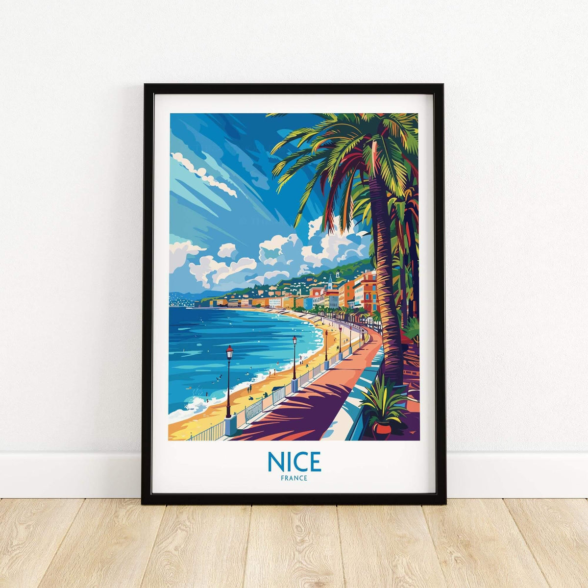 Nice Wall Art Poster - France featuring vibrant beach scenery and palm trees in Nice, ideal for home decor.